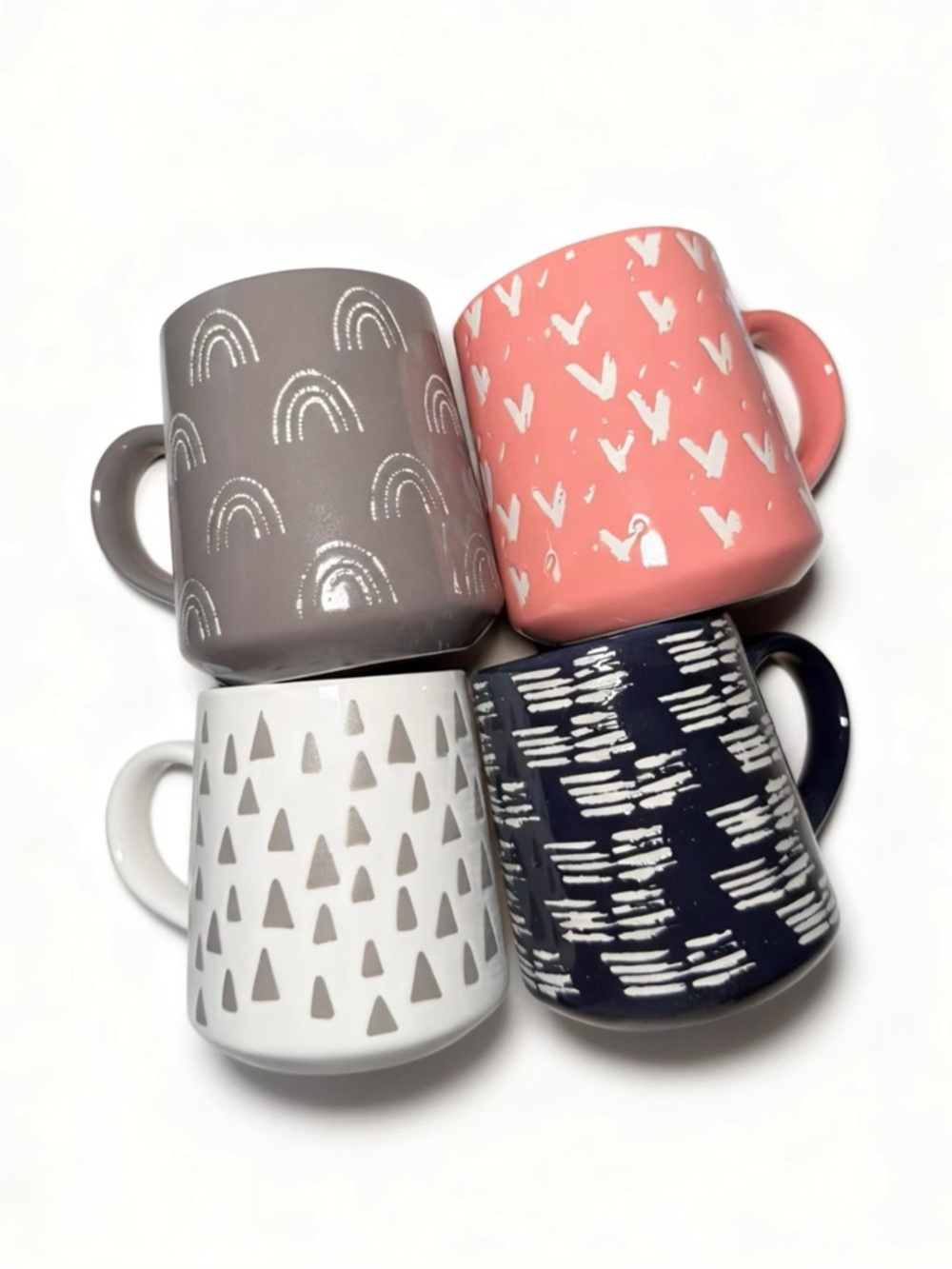 Patterned Ceramic Coffee Mug - Set of 4 (Gray, Pink, White, Navy)